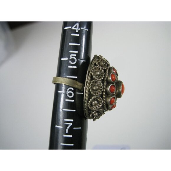 Vintage Silver Tone Ring Floral Glass Adjustable Fit Artisan Statement Size 6 - Picture 9 of 9